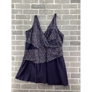 Swimsuits For All Women Navy Silver Foil Dot Tiered Swimdress Plus Size 26